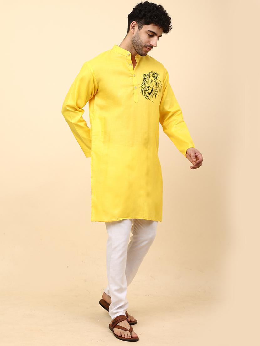 yellow cotton blend kurta pyjama ethnic wear set - 20136715 - Standard Image - 1