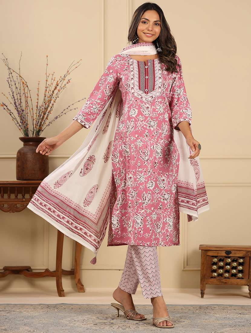 women three quarter sleeve kurta pant with dupatta set
