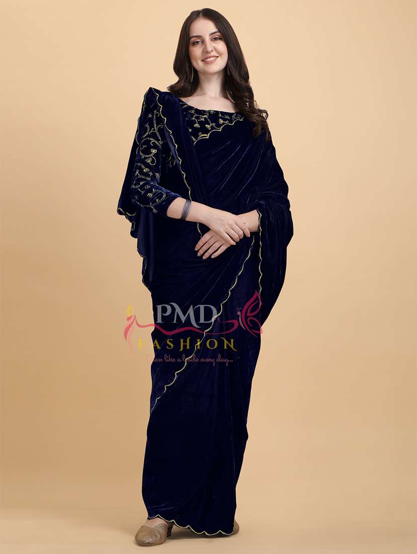 women's solid with work blue colored saree with blouse