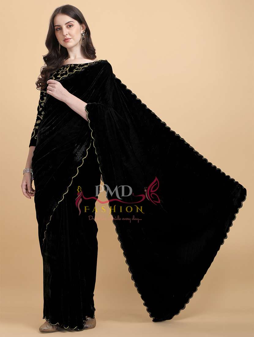 women's solid black colored saree with blouse