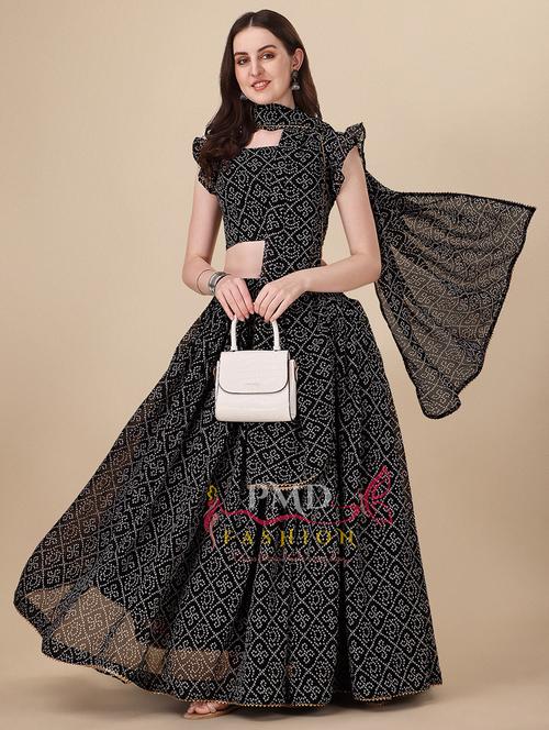 black bandhani flared lehenga - 20136989 - Standard Image - 0