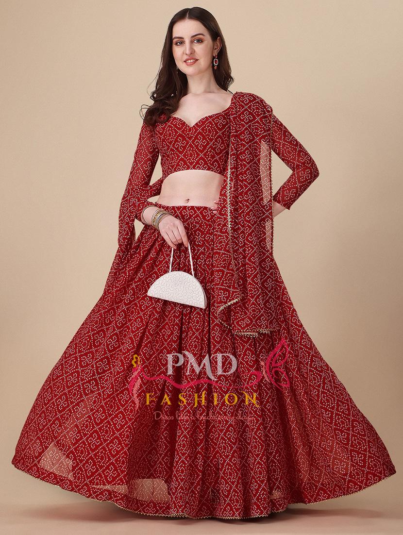 red bandhani flared lehenga - 20136990 -  Zoom Image - 0
