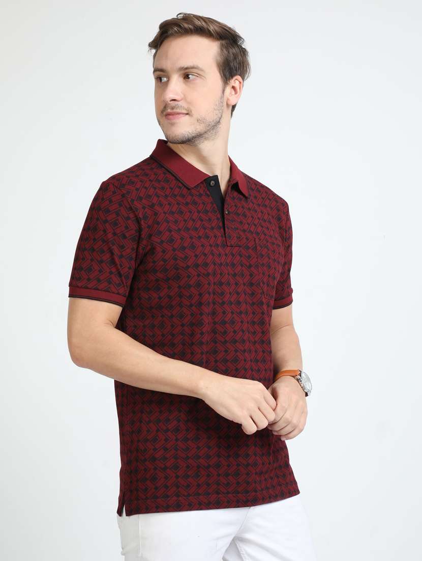 maroon printed short sleeve polo t-shirt  - 20137156 -  Standard Image - 1