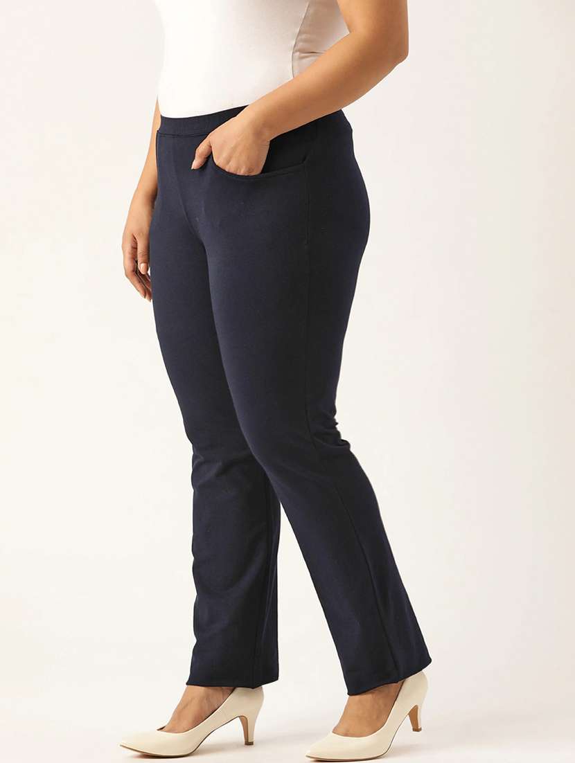 plus size navy blue solid full length trouser - 20148617 -  Standard Image - 1