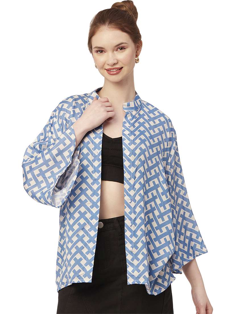 blue bell sleeves printed shirt