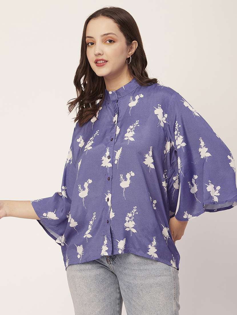 lavender mandarin neck florals printed shirt - 20148977 -  Standard Image - 1