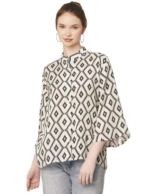 beige mandarin neck printed shirt - 20148978 - Standard Image - 0
