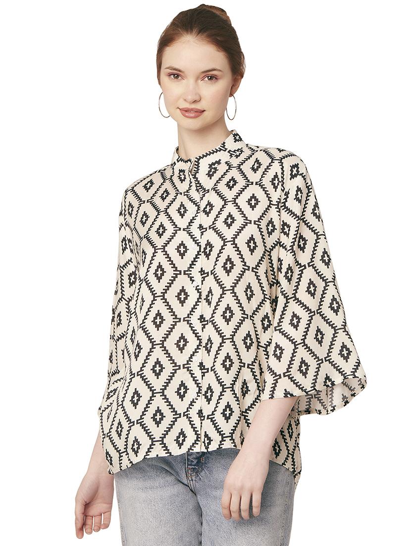beige mandarin neck printed shirt - 20148978 - Zoom Image - 0