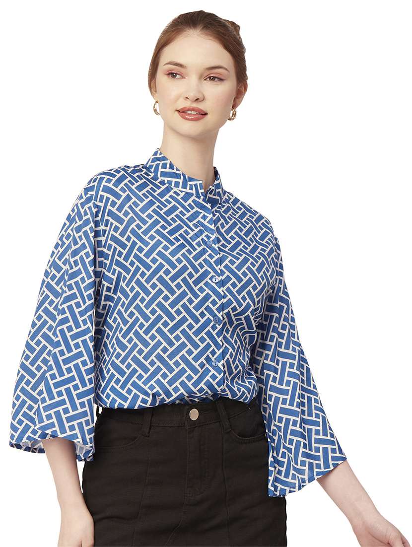 blue bell sleeves mandarin neck printed shirt