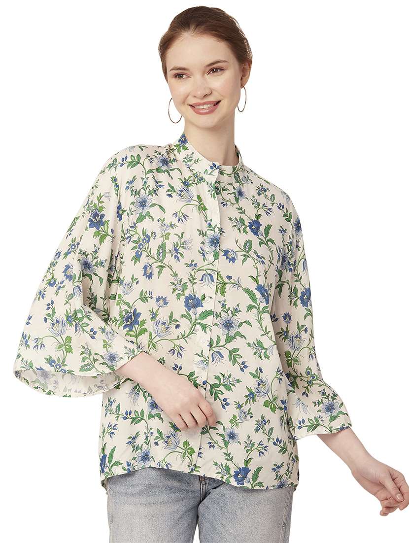 white mandarin neck florals printed shirt