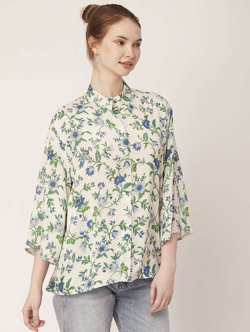 white mandarin neck florals printed shirt - 20148981 -  Standard Image - 1