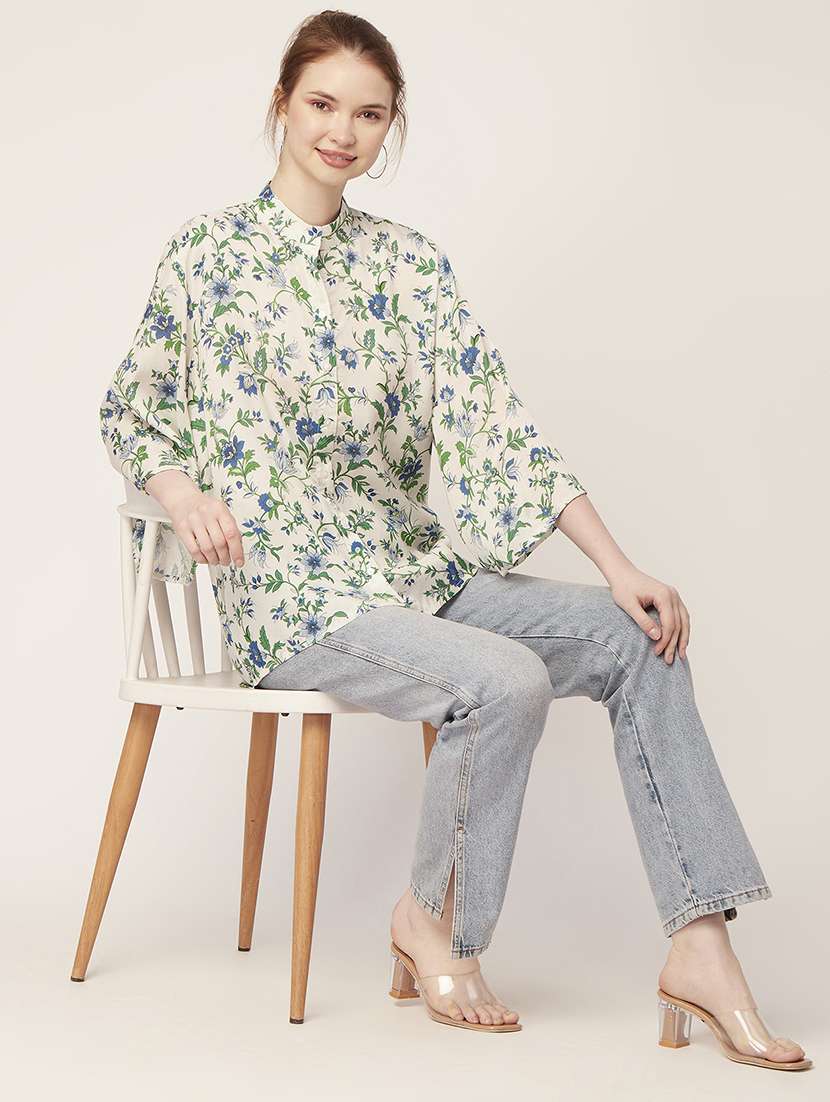 white mandarin neck florals printed shirt - 20148981 -  Standard Image - 4