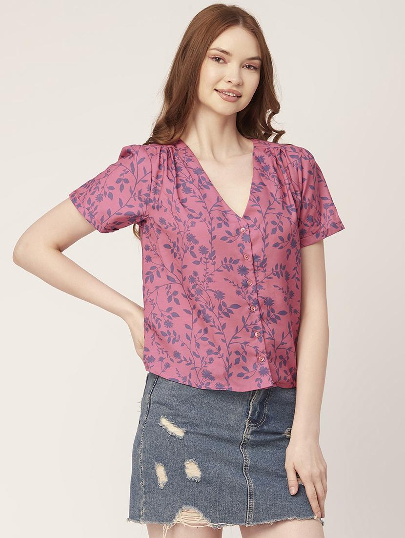 pink floral print v neck regular fit top - 20149011 -  Standard Image - 1