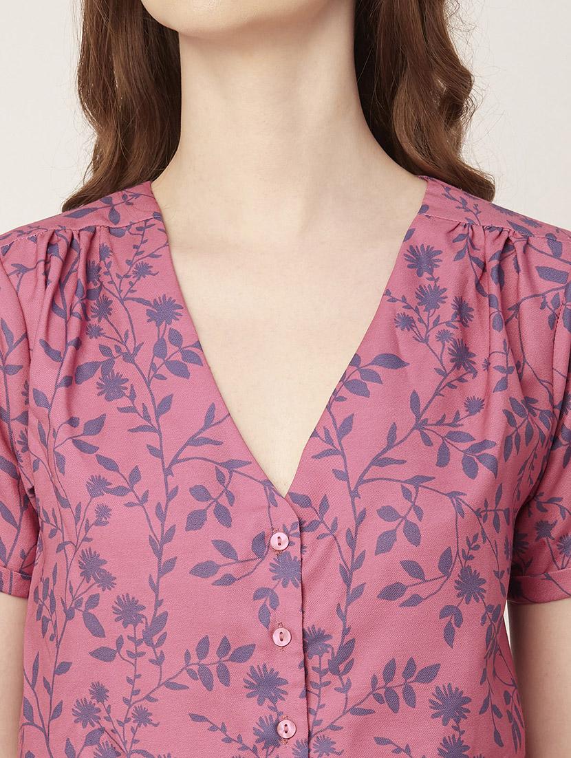 pink floral print v neck regular fit top - 20149011 - Standard Image - 4