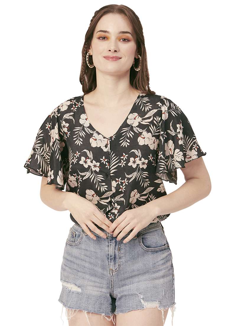 women floral print flared sleeves top