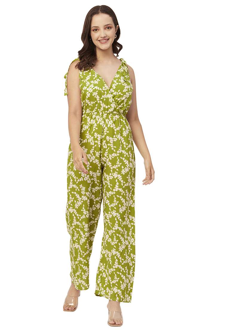 green printed backless full length jumpsuit
