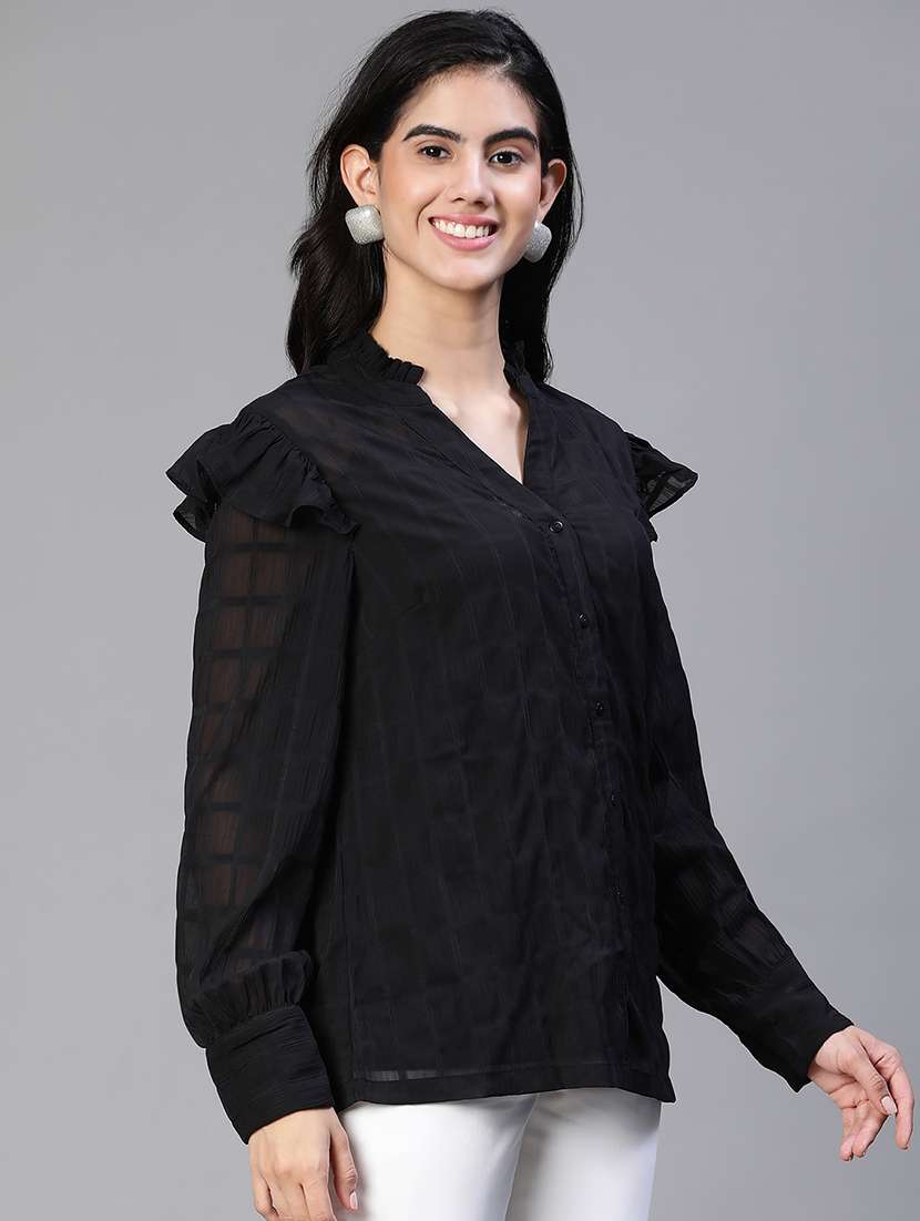 women's ruffle mandarin neck top - 20149283 -  Standard Image - 1