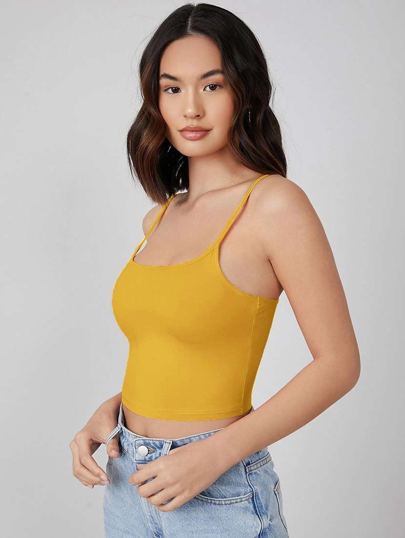 yellow solid shoulder strap regular fit crop top - 20149601 -  Standard Image - 1