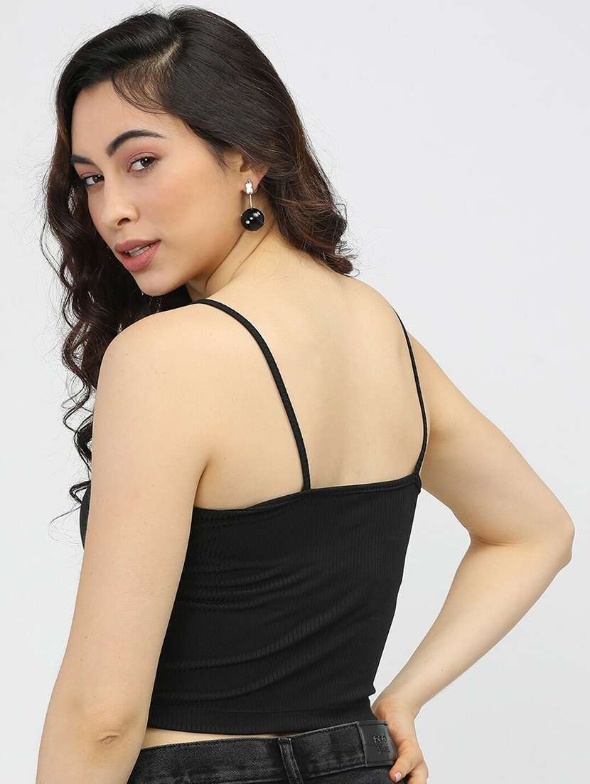 black solid shoulder strap regular fit crop top - 20149612 -  Standard Image - 1
