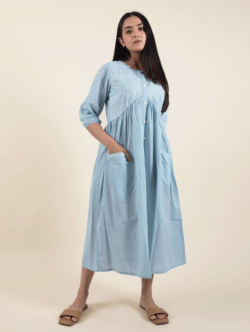 blue solids a-line ethnic dress