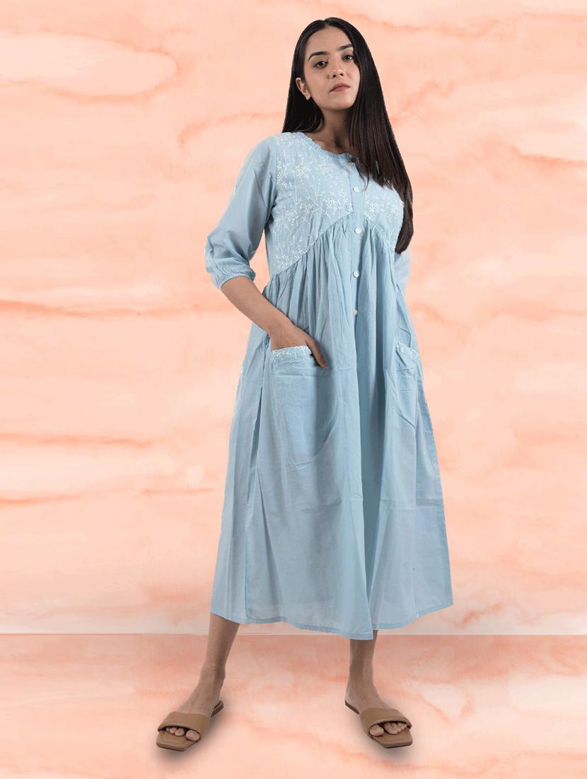blue solids a-line ethnic dress - 20150598 - Standard Image - 1