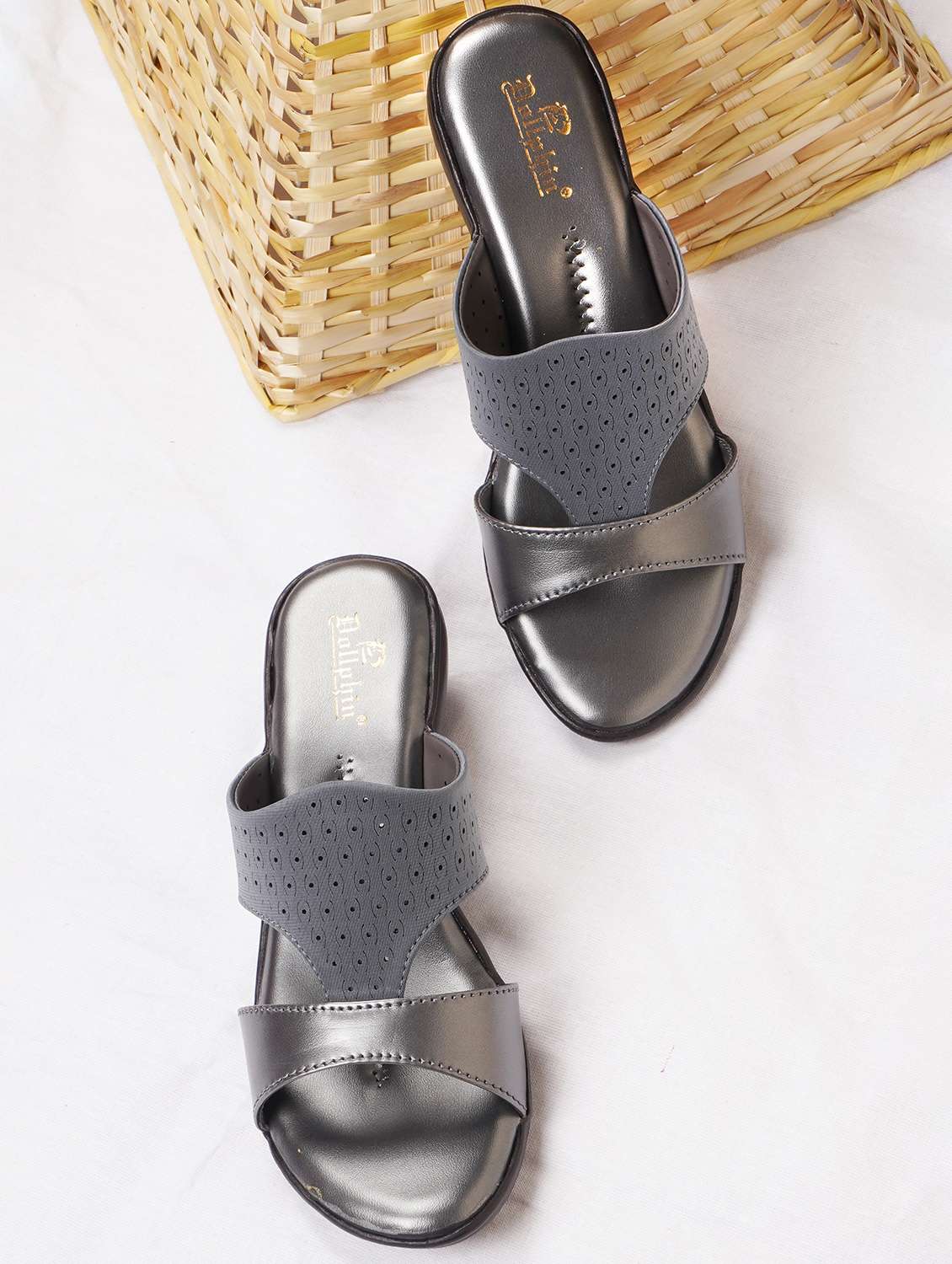 grey fabric slip on sandals