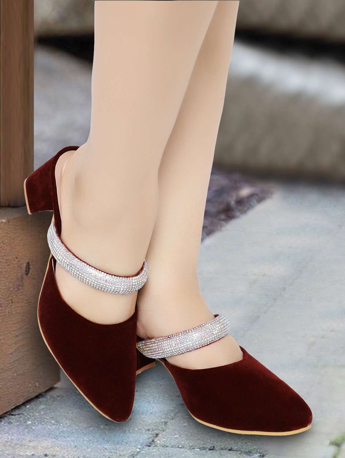 maroon embellished mules block heel sandal