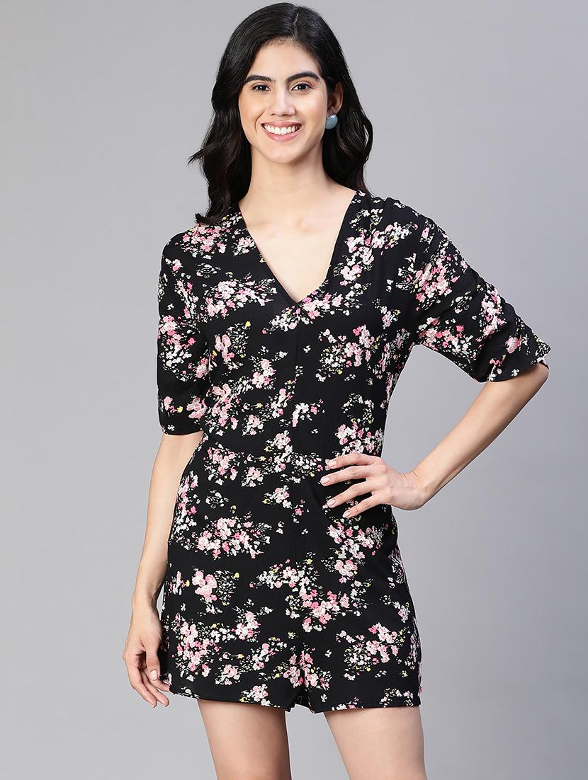 black floral print short sleeves romper - 20152468 - Zoom Image - 0