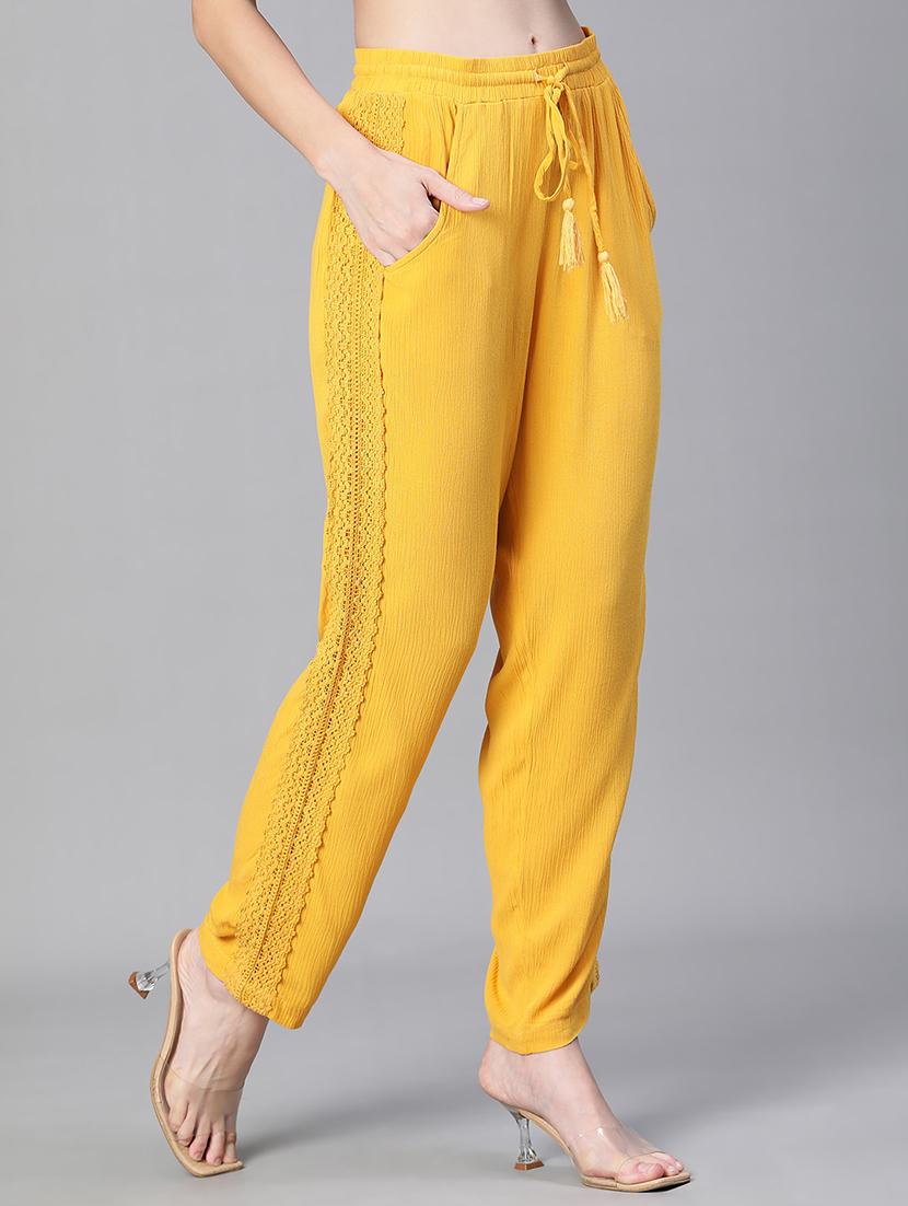 yellow solid flat front lace detailed trouser - 20152488 - Standard Image - 1