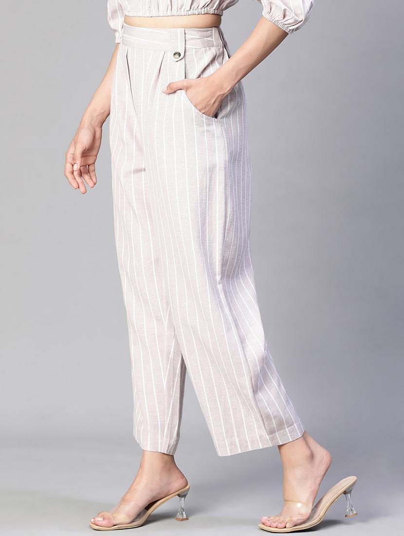 beige striped printed flat front trouser - 20152502 -  Standard Image - 1