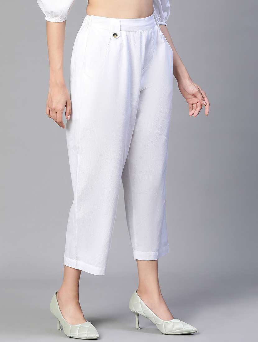 white solid flat front ankle length trouser - 20152505 -  Standard Image - 1
