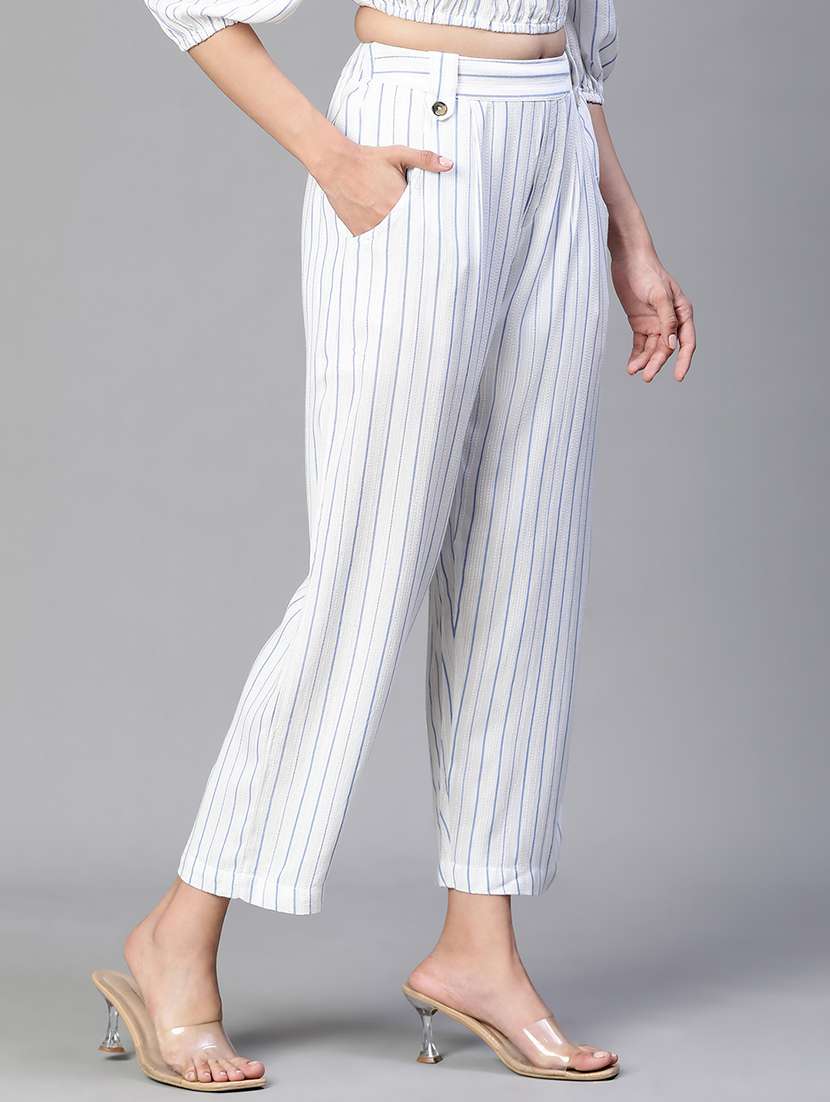 white striped printed flat front trouser - 20152506 -  Standard Image - 1