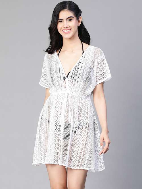 white lace v neck relaxed fit kaftan dress - 20152535 - Standard Image - 0