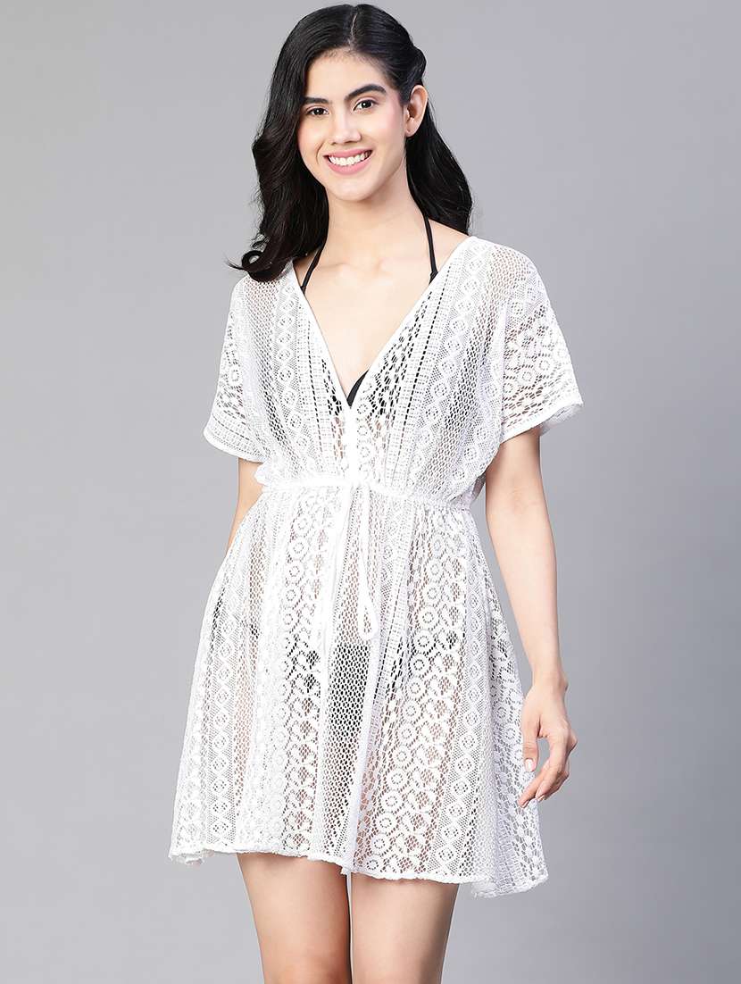 white lace v neck relaxed fit kaftan dress - 20152535 - Zoom Image - 0