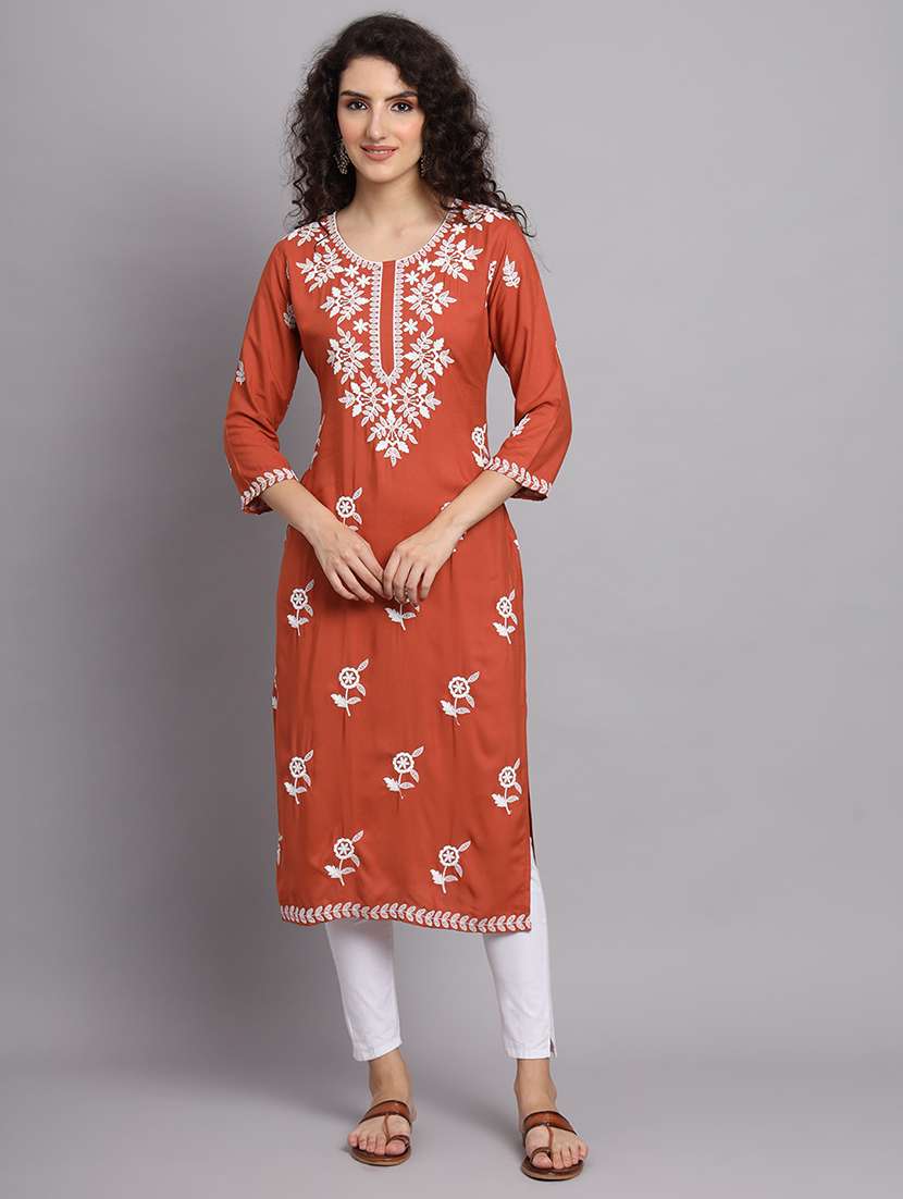 round neck embroidered straight kurta - 20152879 -  Standard Image - 1