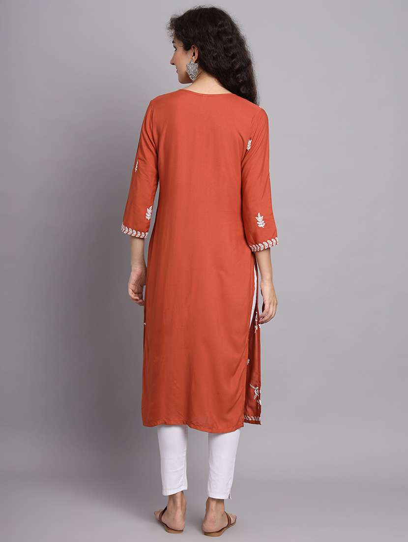 round neck embroidered straight kurta - 20152879 -  Standard Image - 4