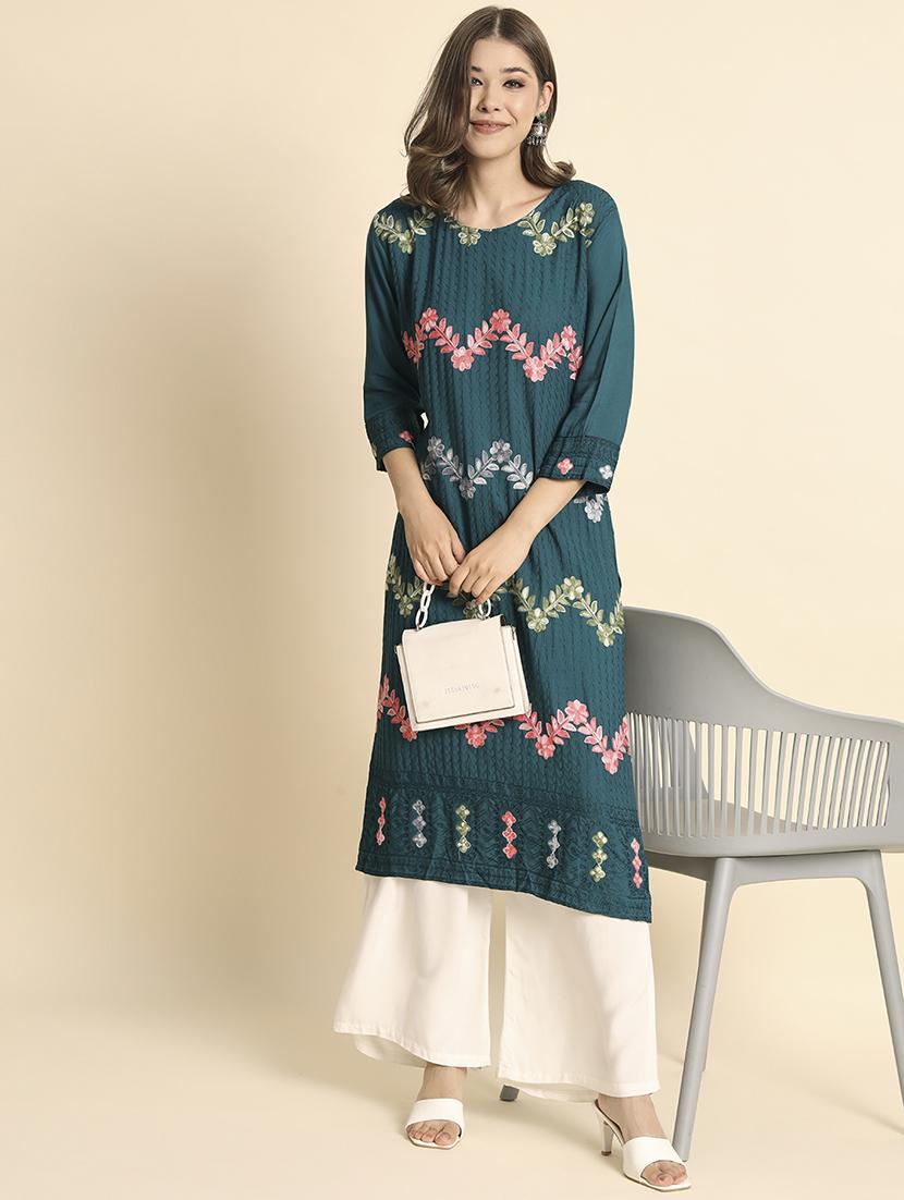 round neck embroidered straight kurta - 20152904 -  Standard Image - 1