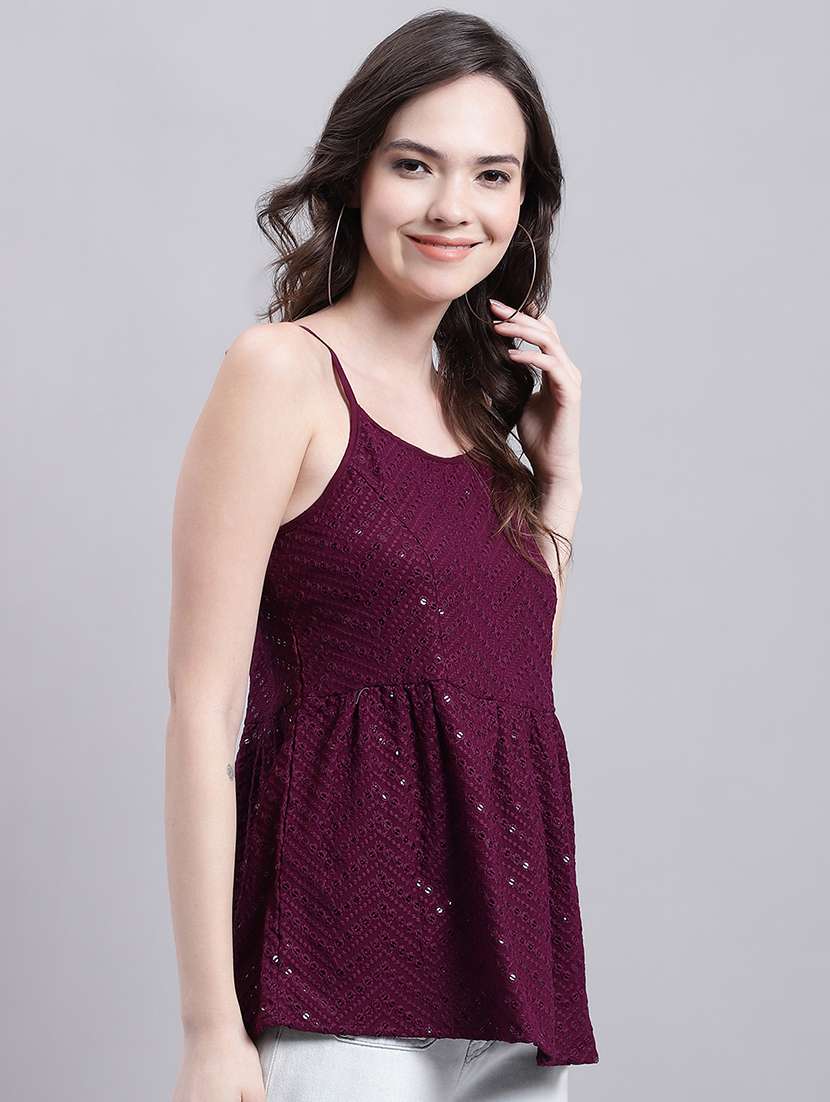 purple embroidered shoulder strap peplum top - 20154857 - Standard Image - 1