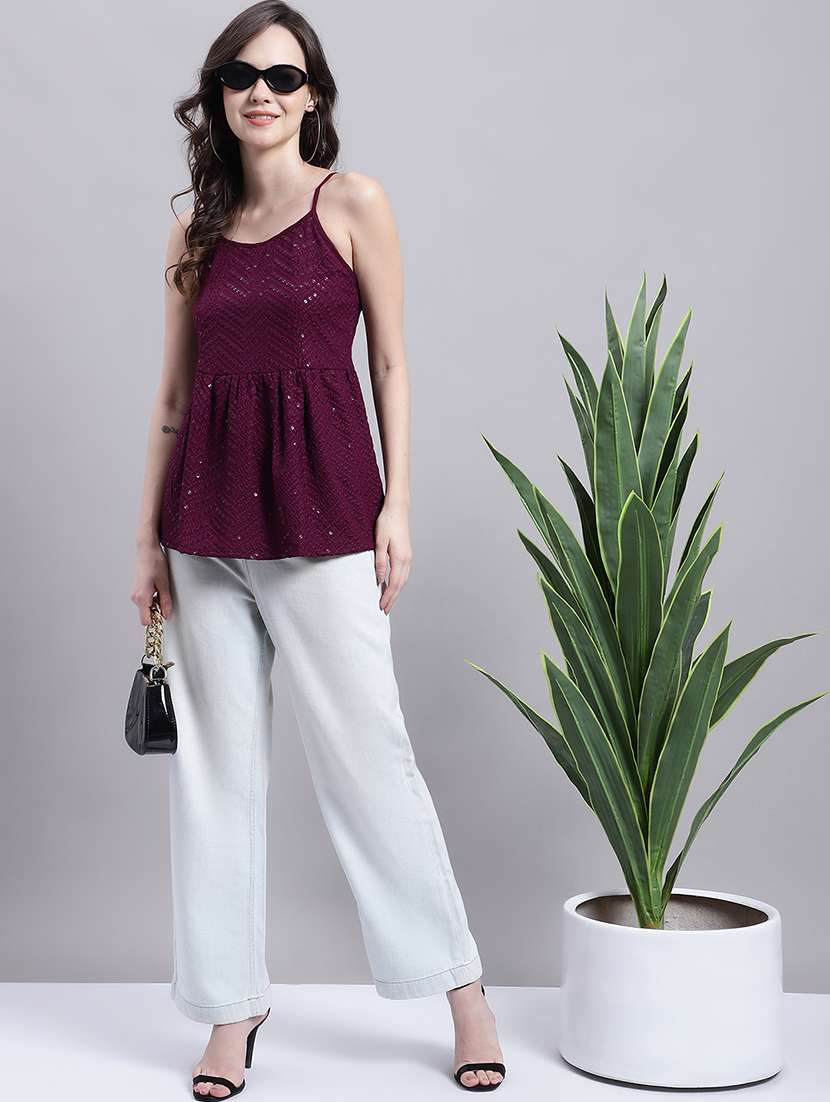 purple embroidered shoulder strap peplum top - 20154857 - Standard Image - 4