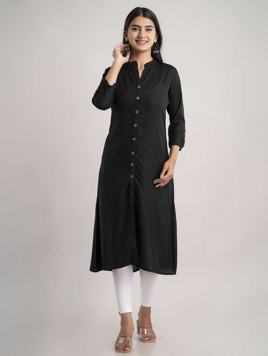 mandarin neck solid a line kurta - 20154955 - Zoom Image - 0