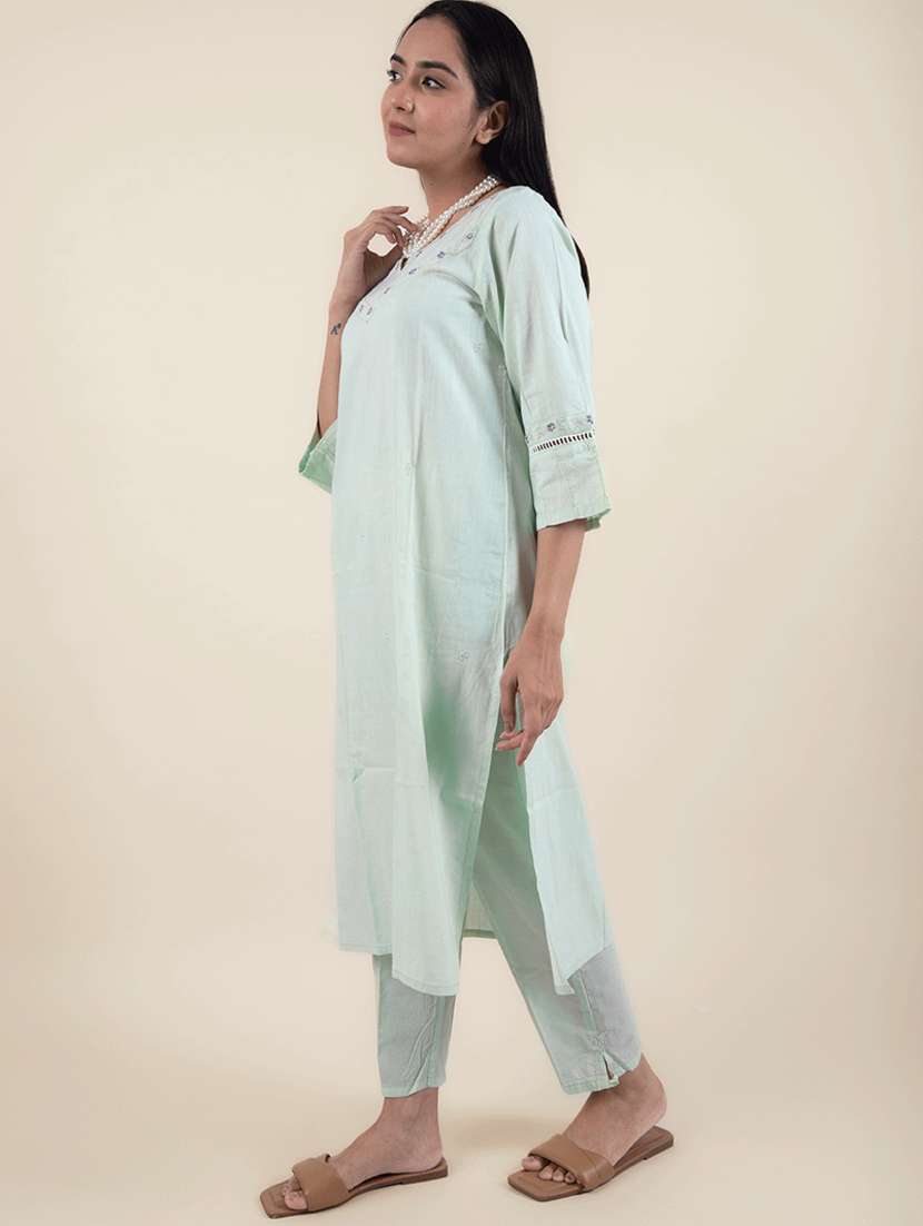women sea green notch neck kurta pant set - 20155542 - Standard Image - 1