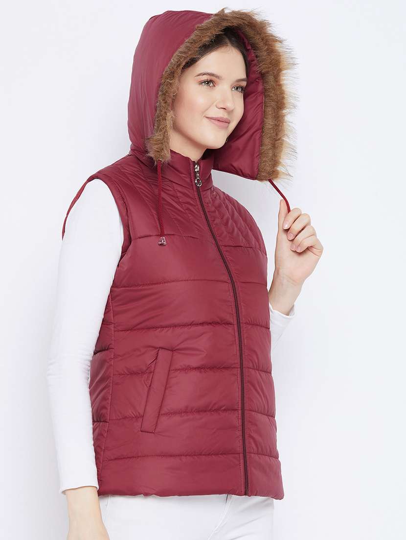 women fur hood solid quilted jacket  - 20155555 -  Standard Image - 1