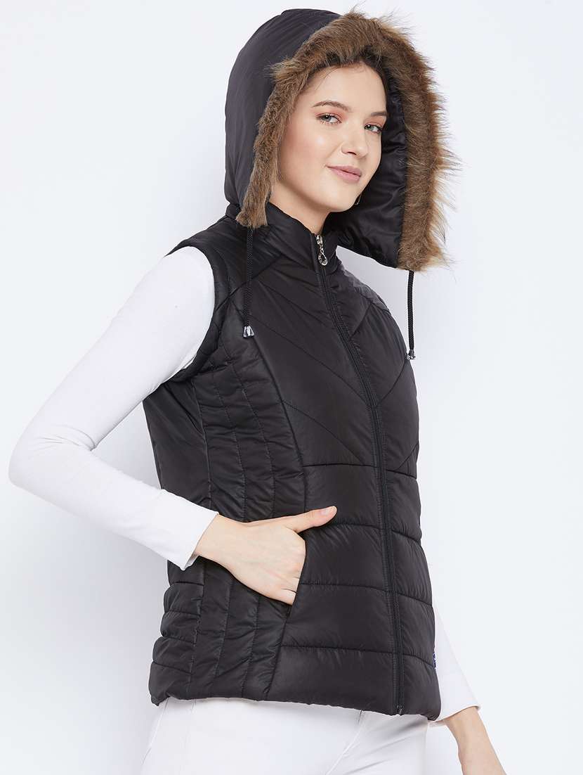 women fur hood solid quilted jacket  - 20155558 -  Standard Image - 1