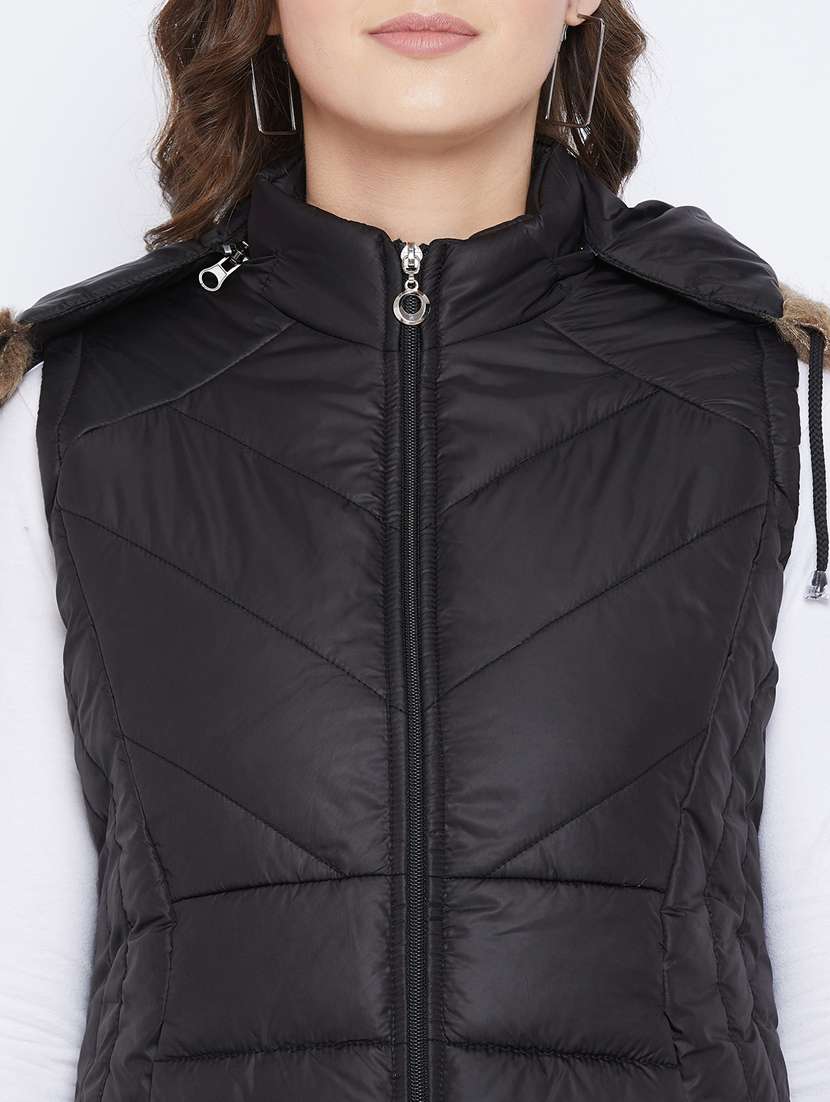 women fur hood solid quilted jacket  - 20155558 -  Standard Image - 4