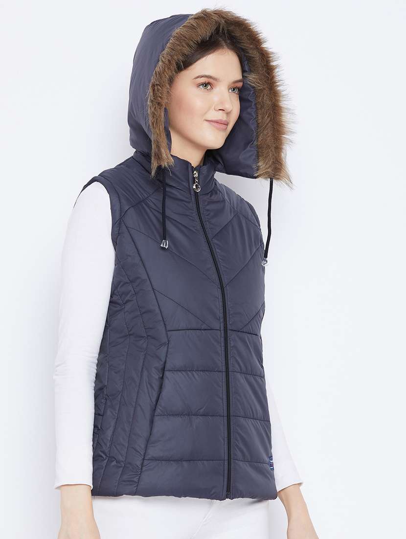 women fur hood solid quilted jacket  - 20155560 -  Standard Image - 1