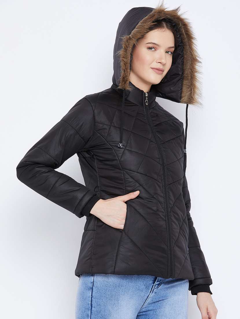women fur hood solid quilted jacket  - 20155562 -  Standard Image - 1