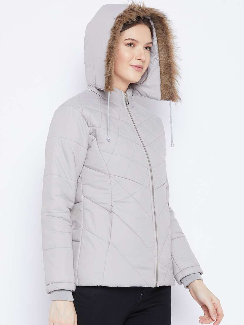 women fur hood solid quilted jacket  - 20155563 -  Standard Image - 1
