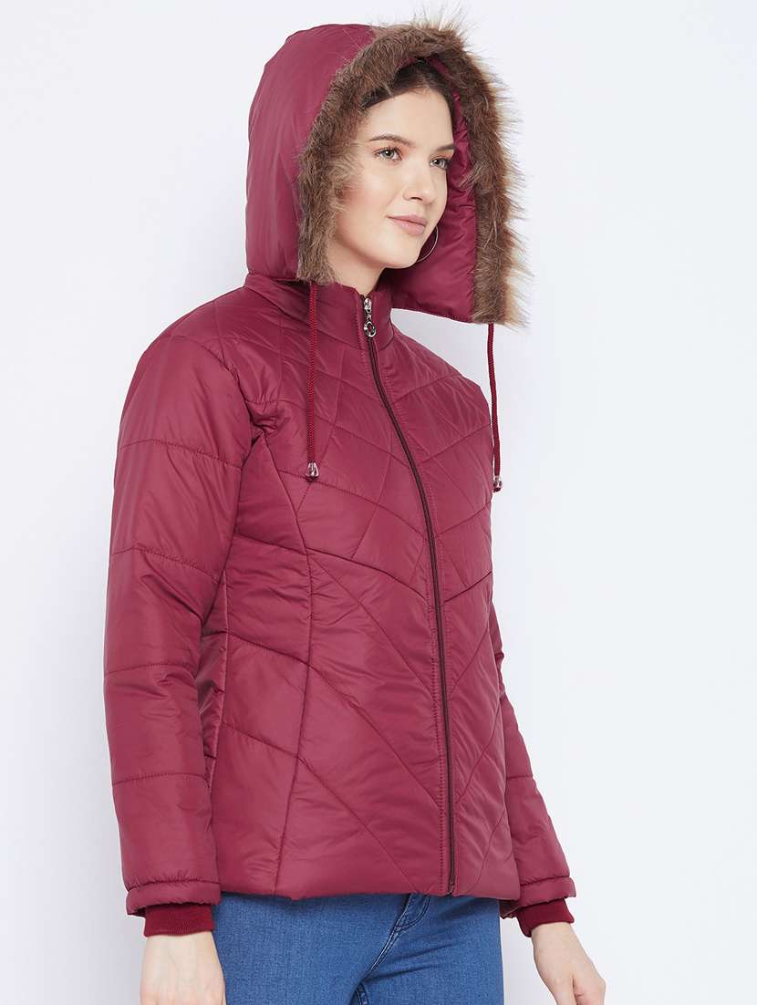women fur hood solid quilted jacket  - 20155564 -  Standard Image - 1