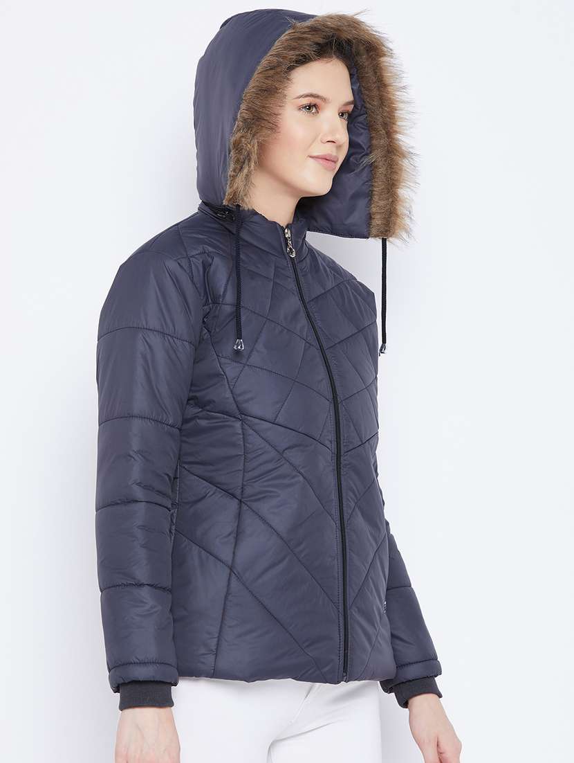 women fur hood solid quilted jacket  - 20155566 -  Standard Image - 1