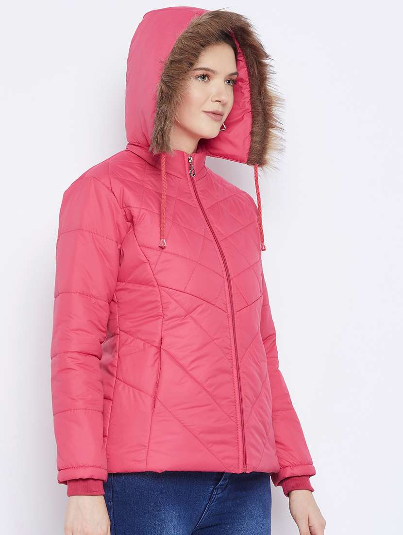 women fur hood solid quilted jacket  - 20155567 -  Standard Image - 1